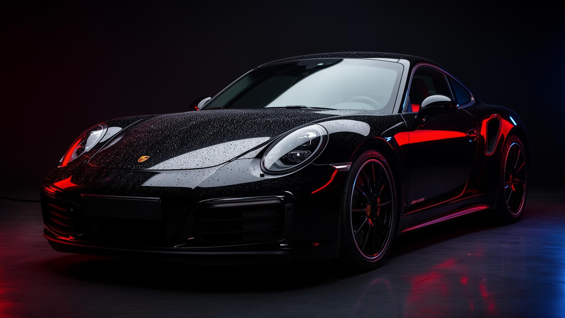 Freshly detailed black Porsche with mirror finish